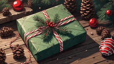 The primary subject of the image is a green and red wrapped gift with a bow. The gift is placed on a wooden surface, which serves as the setting. The visual style of the image is a combination of digital art and illustration, creating a vibrant and festive atmosphere. The colors and mood of the image are predominantly green and red, symbolizing the holiday season.